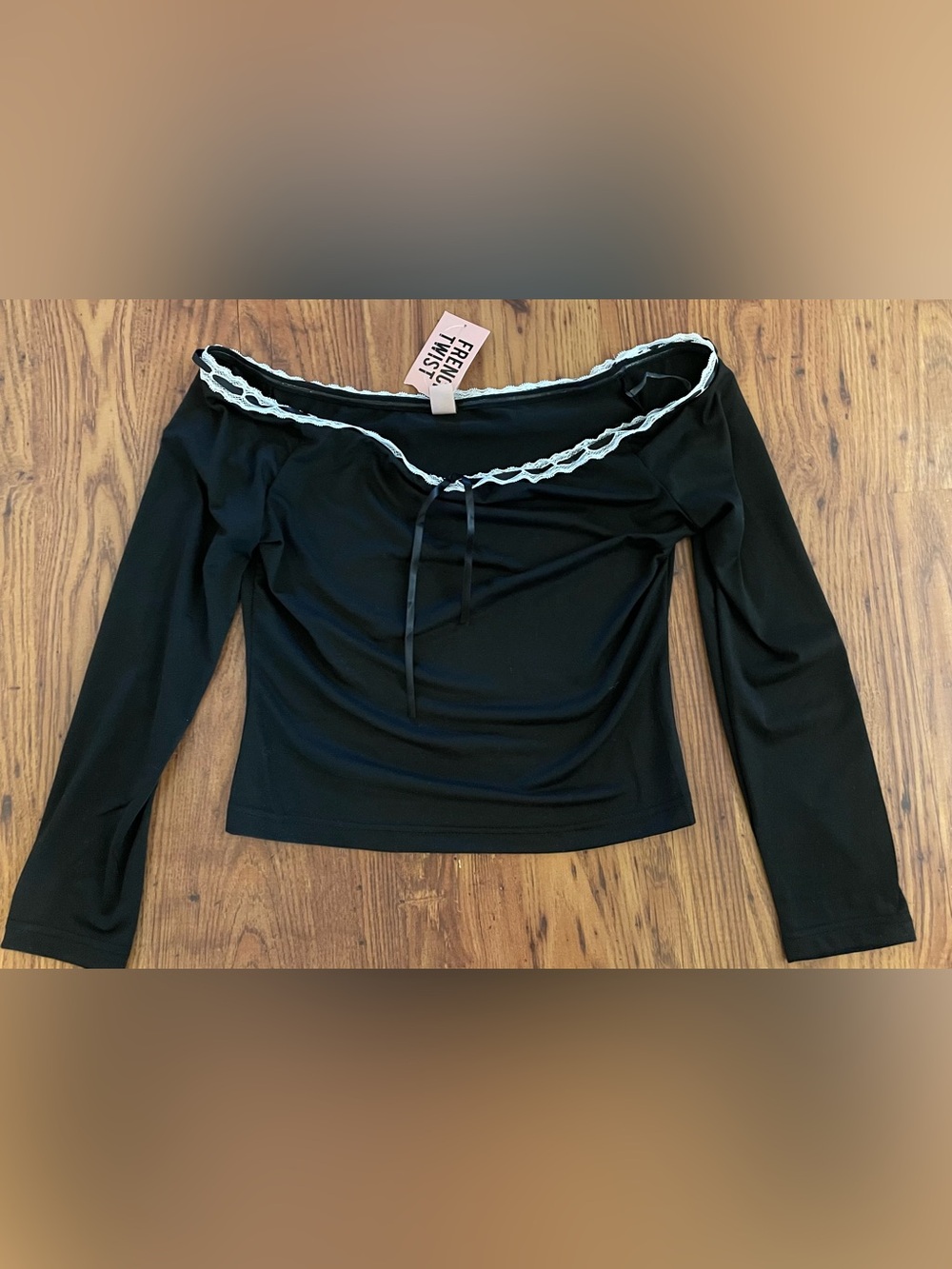 Black Off-Shoulder Lace-Trim Front Tie Blouse Medium New with Tag
